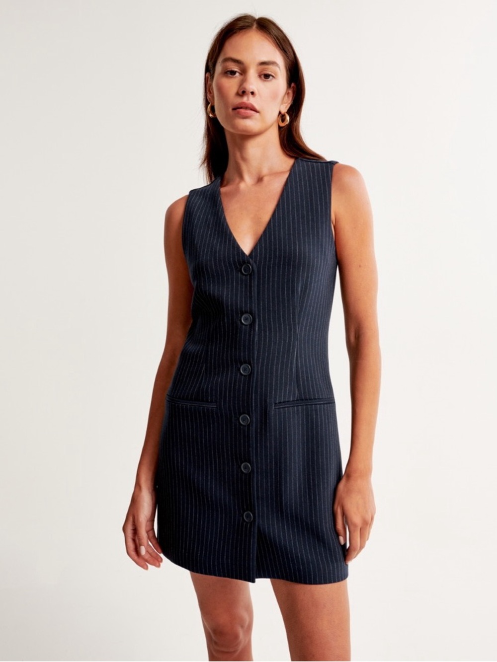 Sleeveless Navy Pinstripe Button-Front Dress